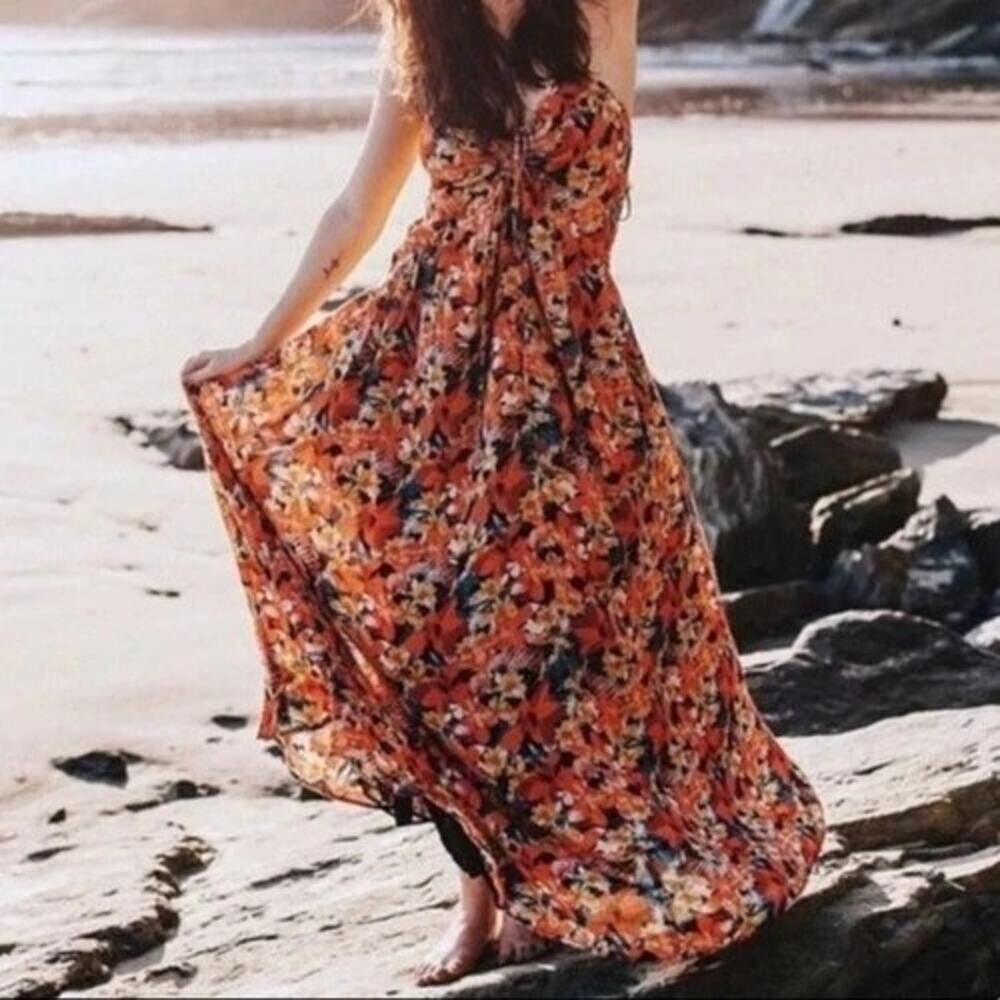 New Free People Mulberry Strappy Keyhole Floral Maxi Dress Size Small Boho Coral - Picture 2 of 6